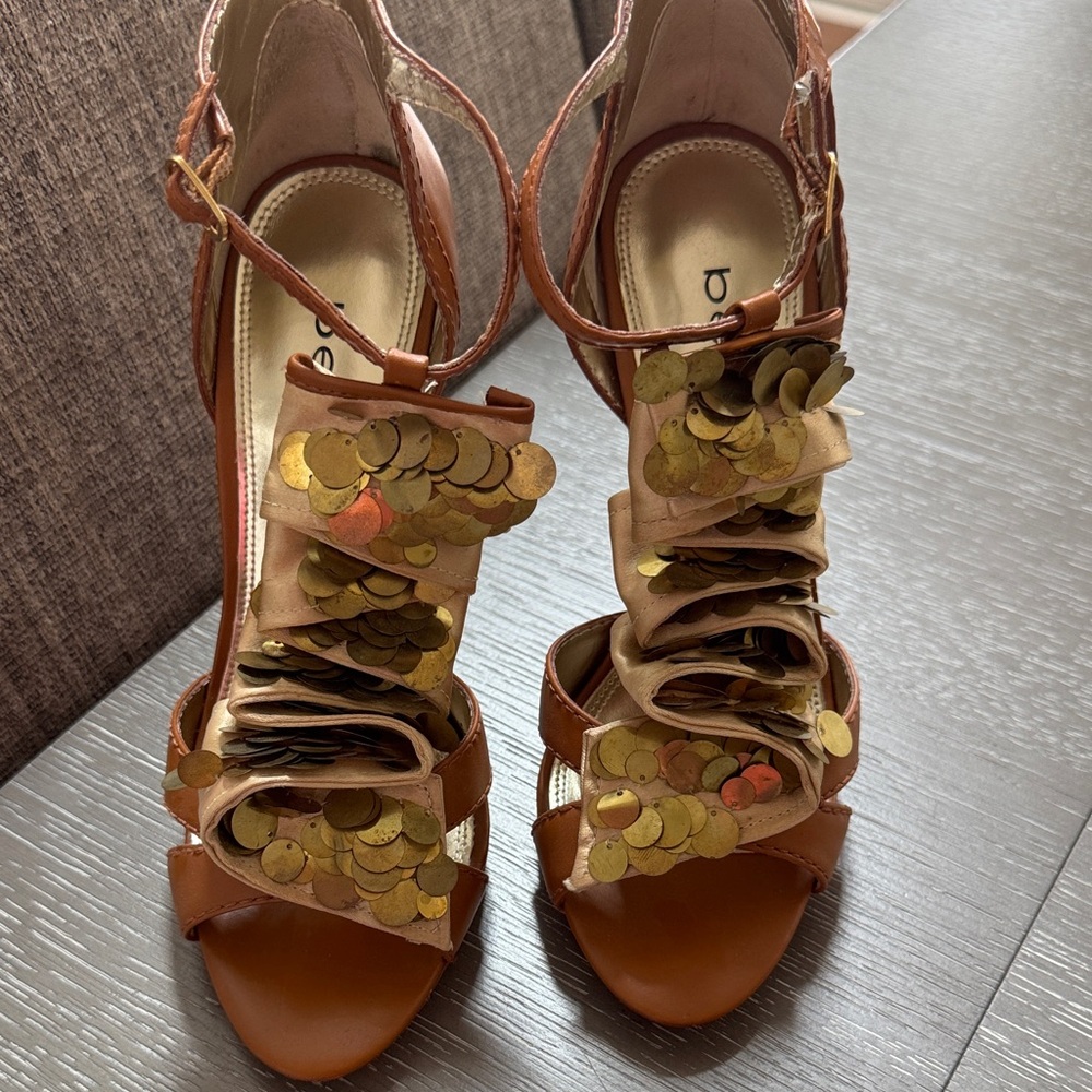 bebe Brown Leather Heels with Gold Sequin Ruffles